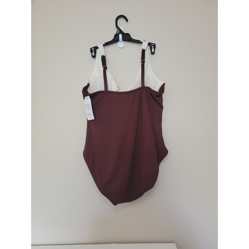 NWT Time and Tru Brown Cream Colorblock Twist Front One Piece Swimsuit XL 16-18 - Picture 6 of 6